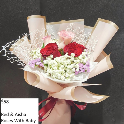 Red & Aisha Roses With Baby Breath