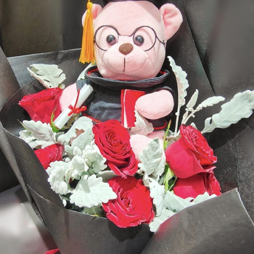 Graduation Bear With Red Roses & Dusty Millers