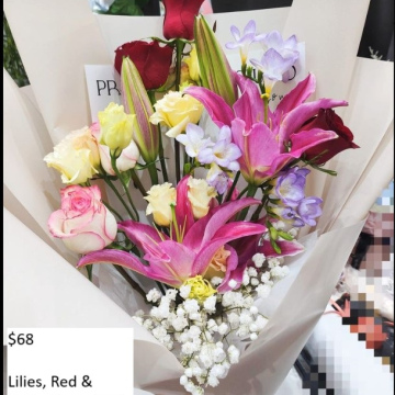 Lilies, Red & Aisha Roses With Fillers